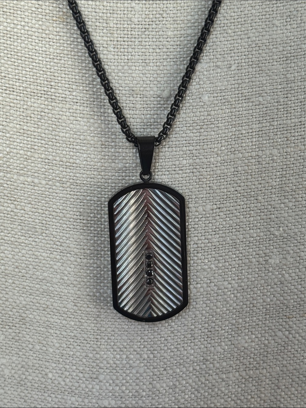 Black Stainless Steel Chevron Dog Tag Necklace with Striped Inlay CZ